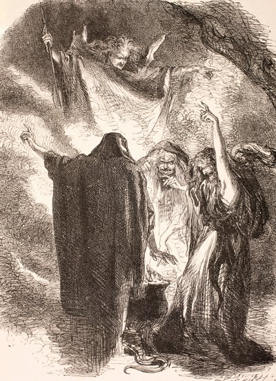 Illustration of the witches around their cauldron in Macbeth, from The Illustrated Library Shakespeare by English School